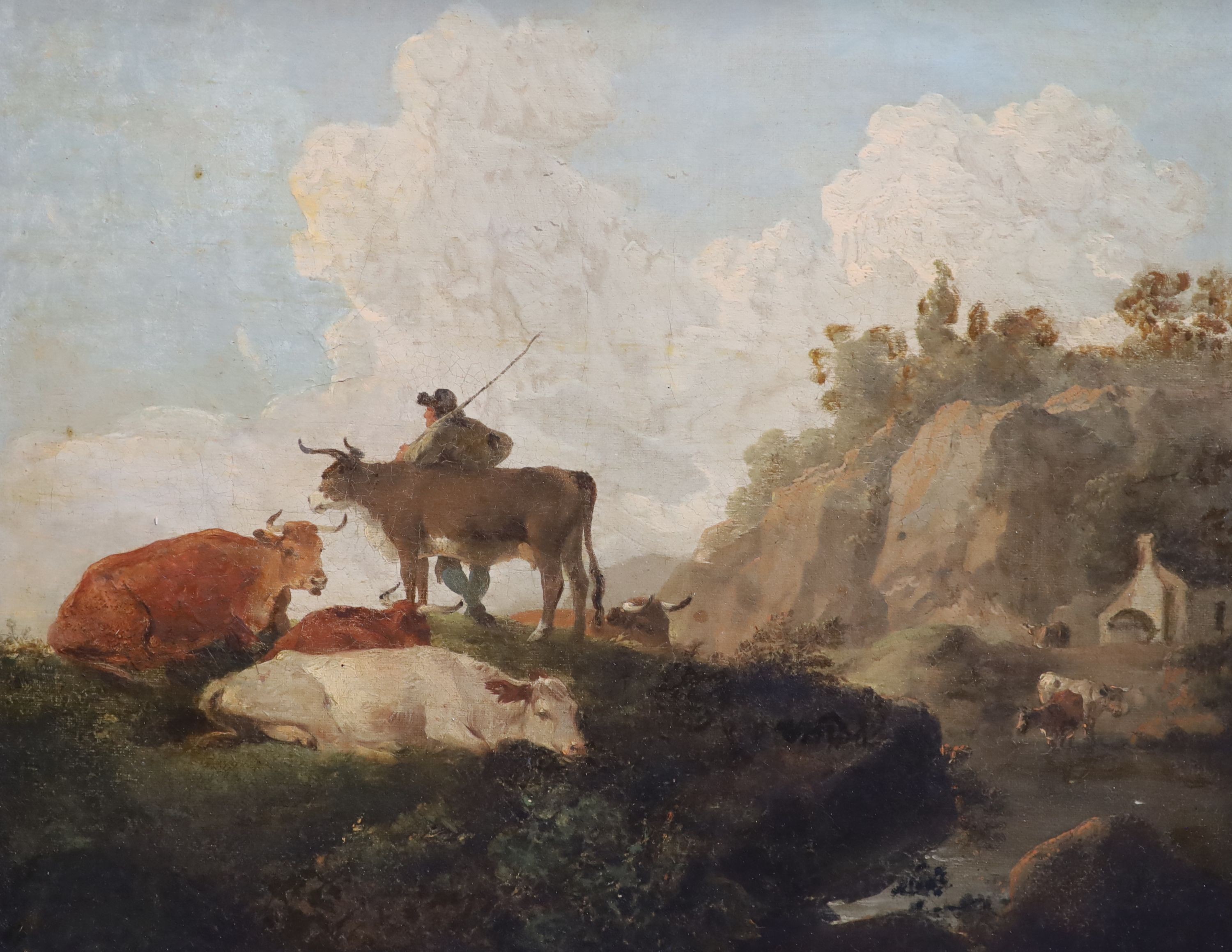 Julius Caesar Ibbetson (1759-1817), Cows resting in a landscape, Oil on canvas, 30 x 37cm.
